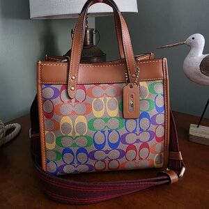 Coach C5142 Field Tote 22 Pride Rainbow Tan Signature Canvas Leather Bag